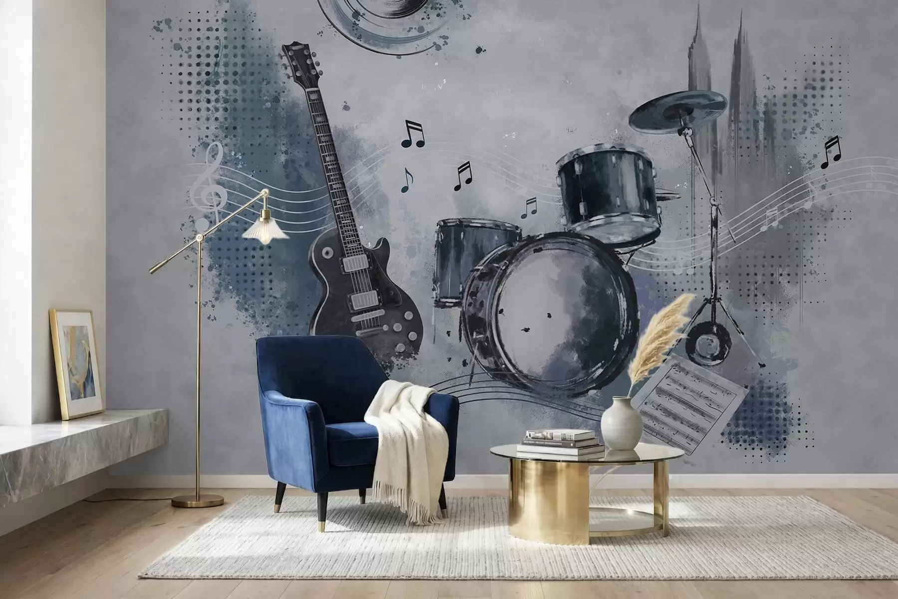 zidne murale Gitara i bubnjevi s glazbenim notama w05546