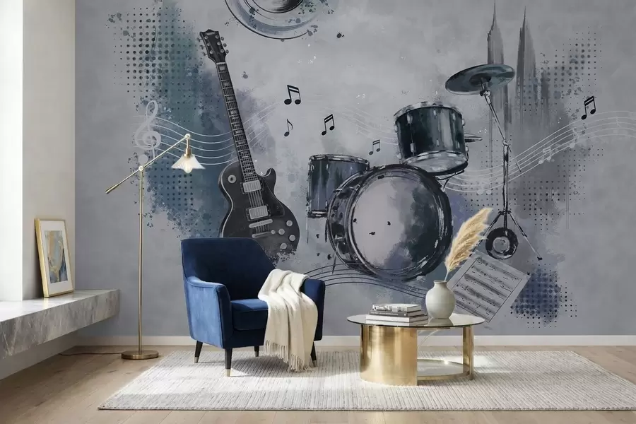 zidne murale Gitara i bubnjevi s glazbenim notama w05546