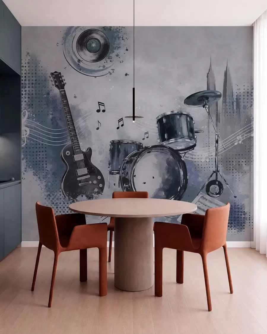 zidne murale Gitara i bubnjevi s glazbenim notama w05546