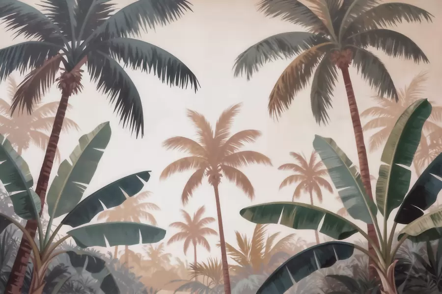 zidne murale Tropske palme u mekoj vintage paleti s maglovitom jutarnjom atmosferom w09884