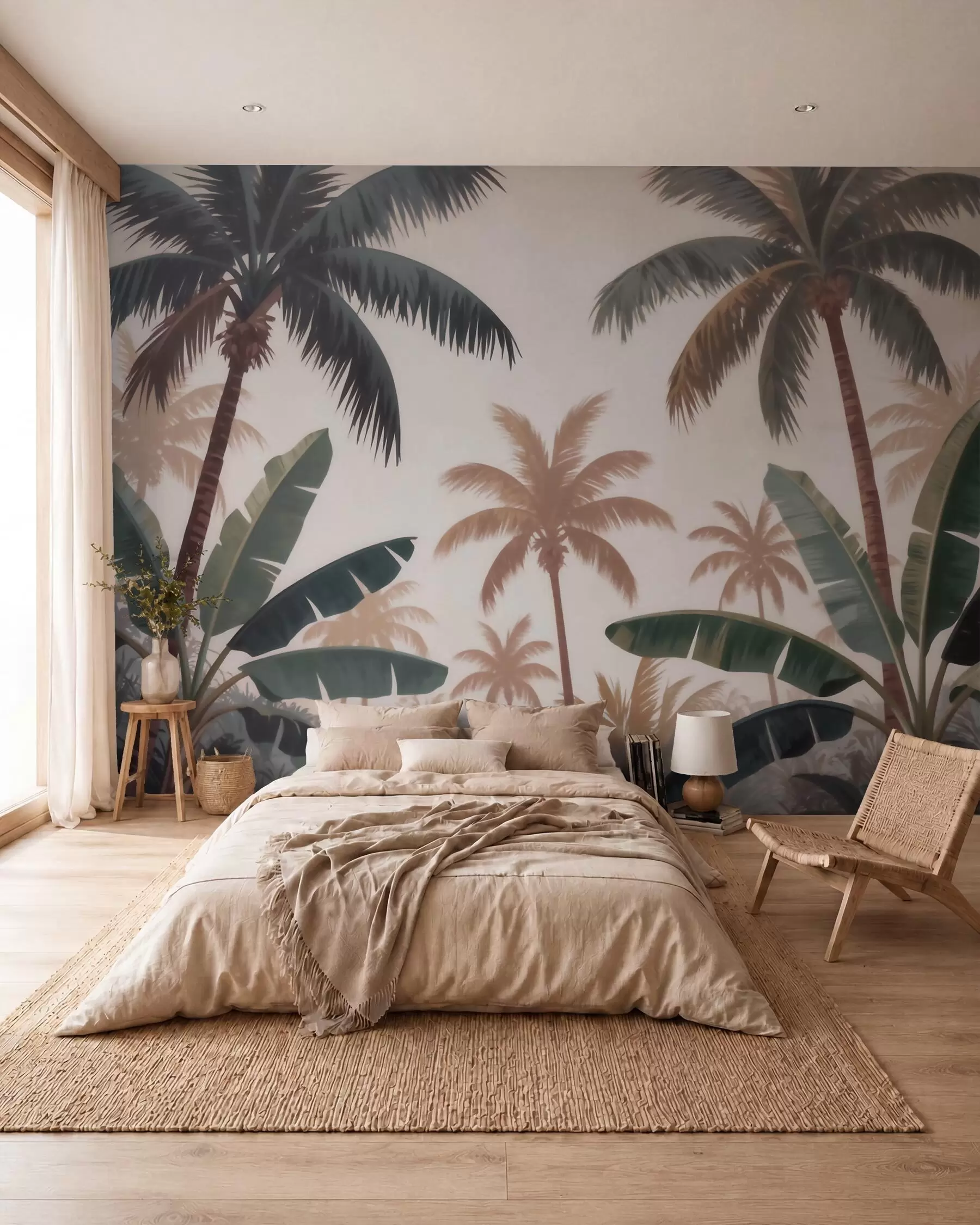 zidne murale Tropske palme u mekoj vintage paleti s maglovitom jutarnjom atmosferom w09884