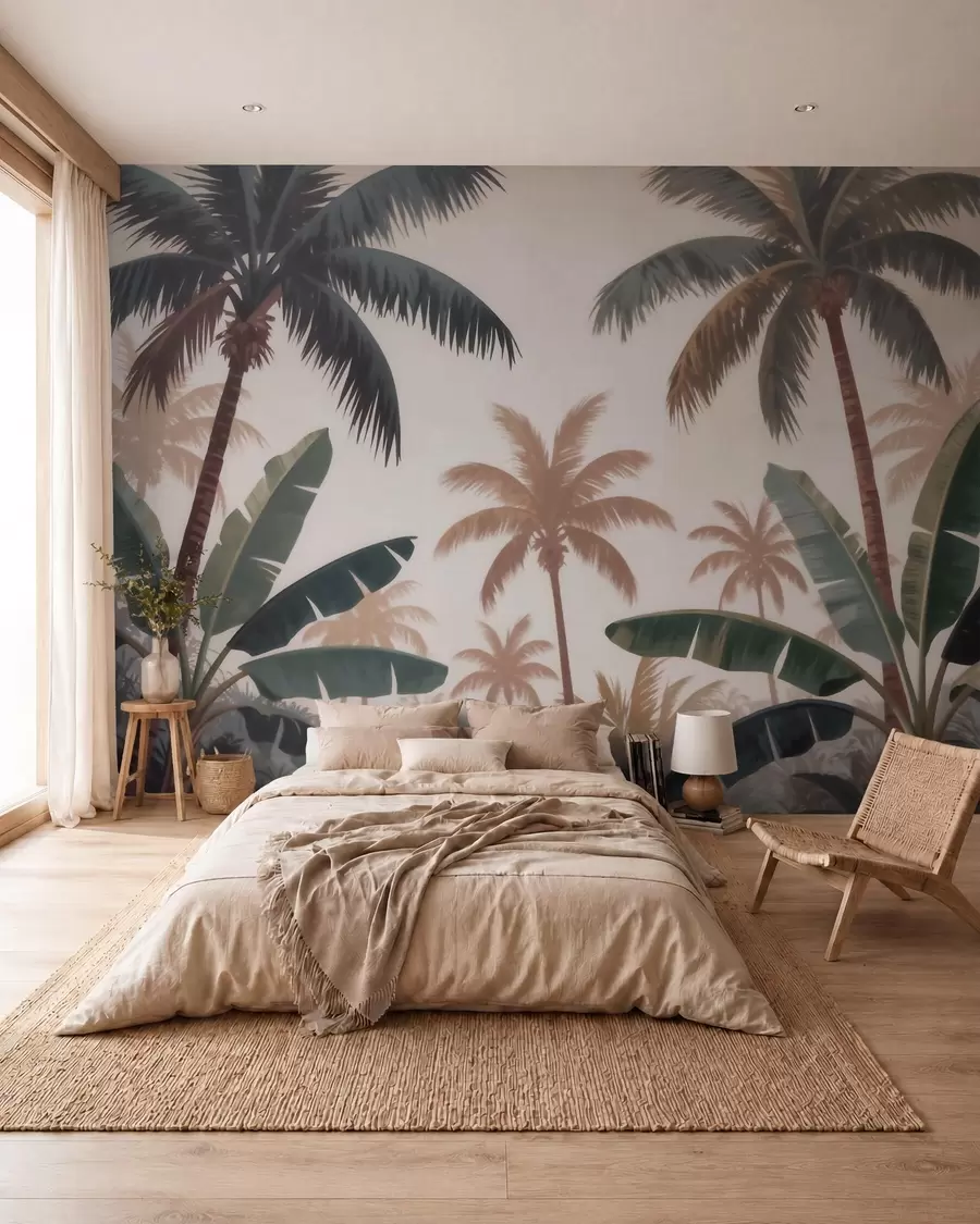zidne murale Tropske palme u mekoj vintage paleti s maglovitom jutarnjom atmosferom w09884