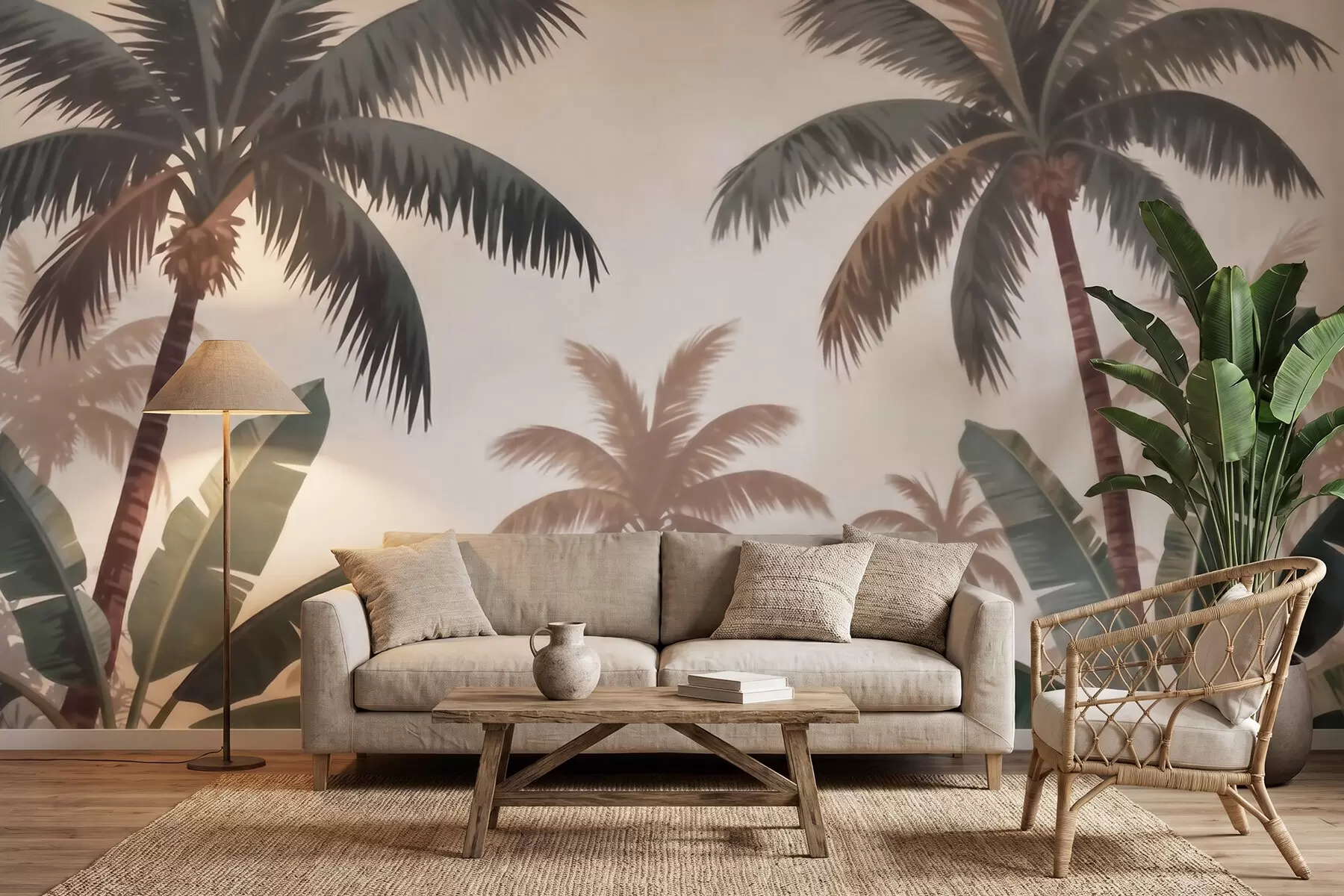 zidne murale Tropske palme u mekoj vintage paleti s maglovitom jutarnjom atmosferom w09884