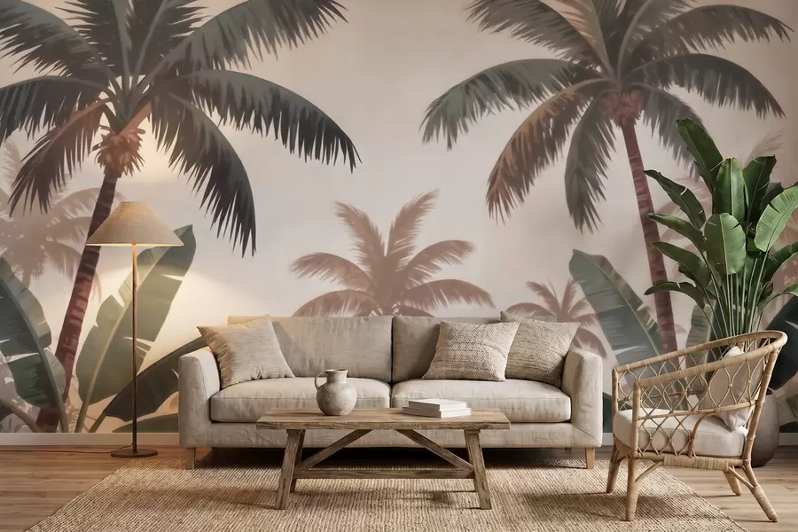 zidne murale Tropske palme u mekoj vintage paleti s maglovitom jutarnjom atmosferom w09884