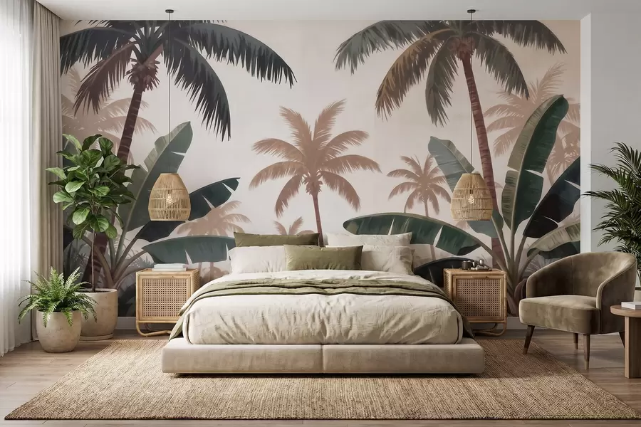 zidne murale Tropske palme u mekoj vintage paleti s maglovitom jutarnjom atmosferom w09884