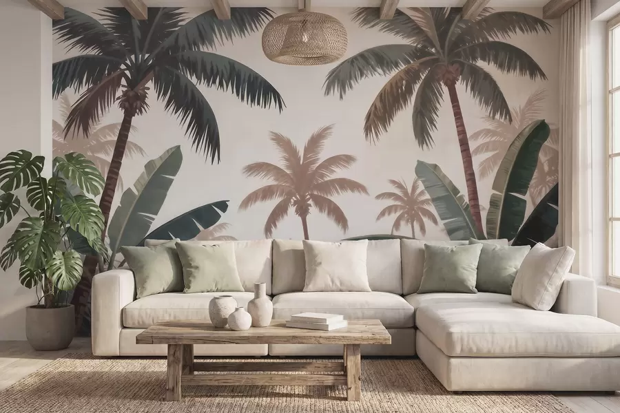 zidne murale Tropske palme u mekoj vintage paleti s maglovitom jutarnjom atmosferom w09884