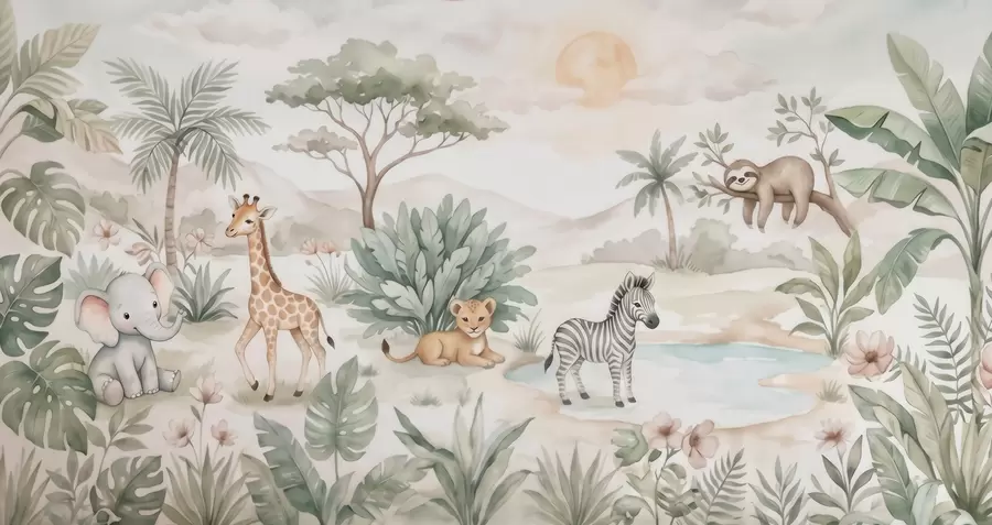 zidne murale Akvarelni safari prizor sa životinjama u nježnim pastelnim tonovima, uključujući žirafu, slona, zebru i lava. w09888