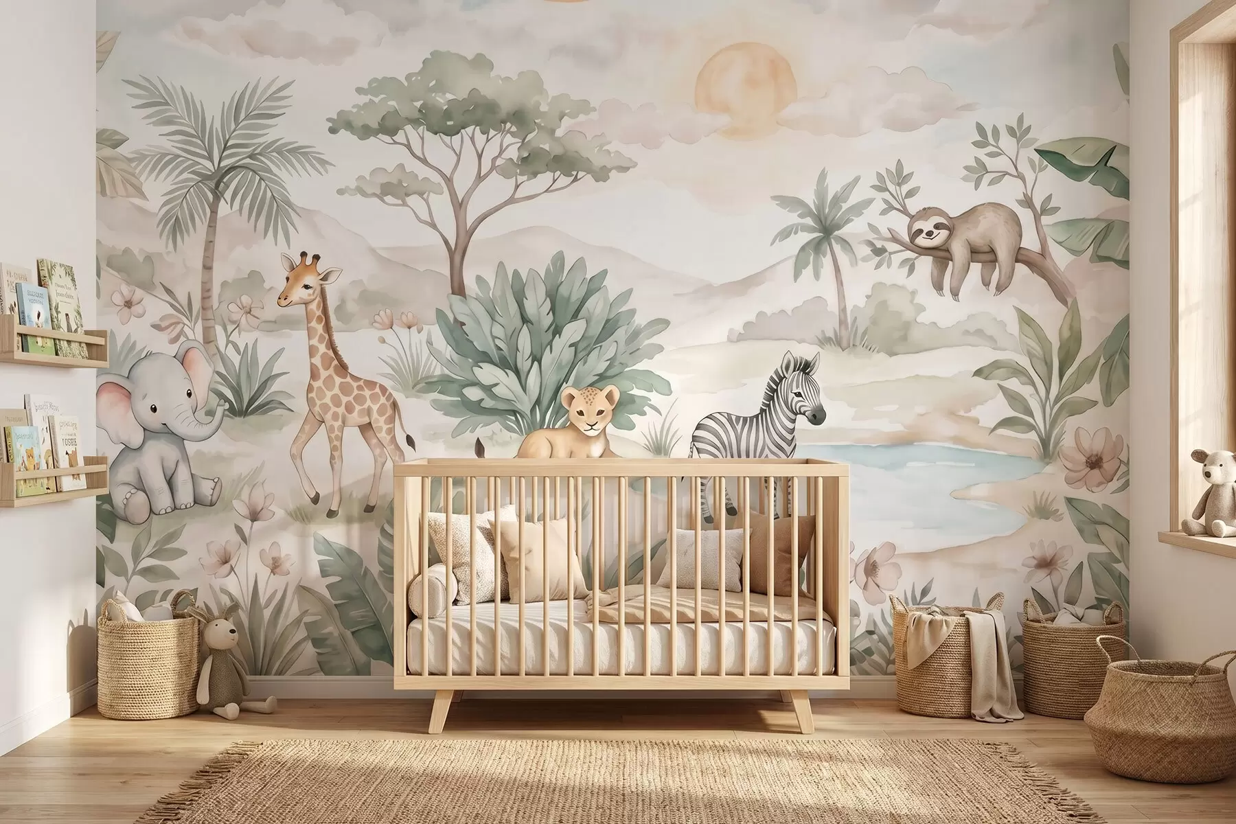 zidne murale Akvarelni safari prizor sa životinjama u nježnim pastelnim tonovima, uključujući žirafu, slona, zebru i lava. w09888