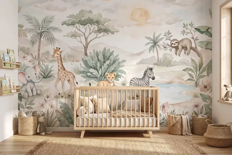 zidne murale Akvarelni safari prizor sa životinjama u nježnim pastelnim tonovima, uključujući žirafu, slona, zebru i lava. w09888