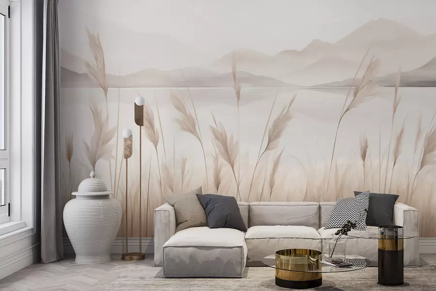zidne murale Trska blizu jezera s planinama u pozadini, imitacija slike w05704