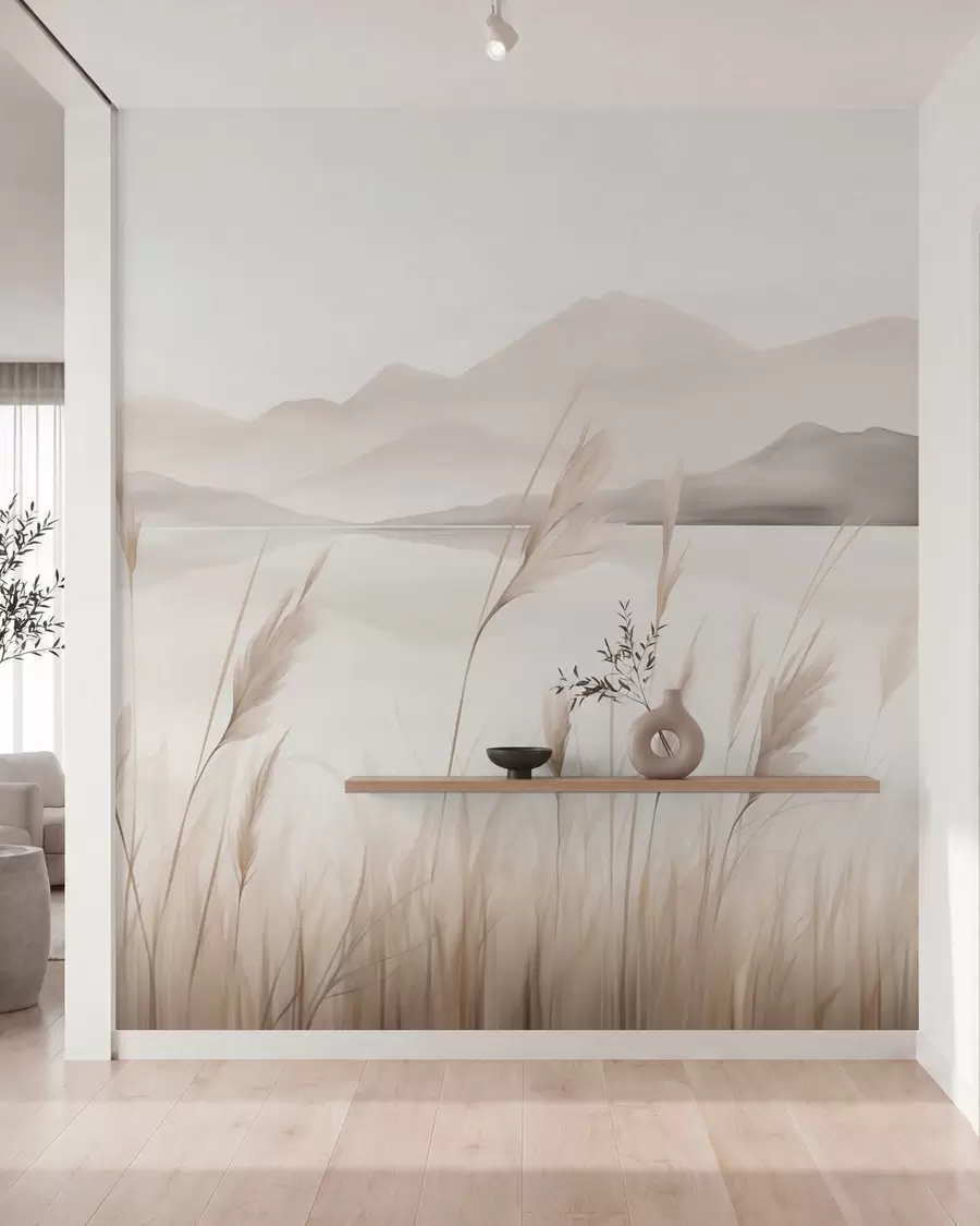 zidne murale Trska blizu jezera s planinama u pozadini, imitacija slike w05704