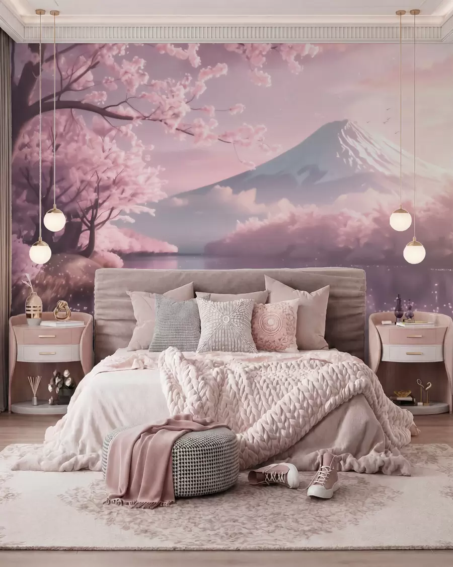 zidne murale Miran japanski krajolik s cvjetovima trešnje i planinskim jezerom pri izlasku sunca w09864