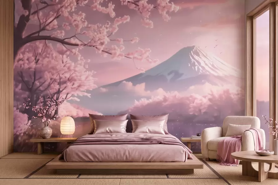 zidne murale Miran japanski krajolik s cvjetovima trešnje i planinskim jezerom pri izlasku sunca w09864