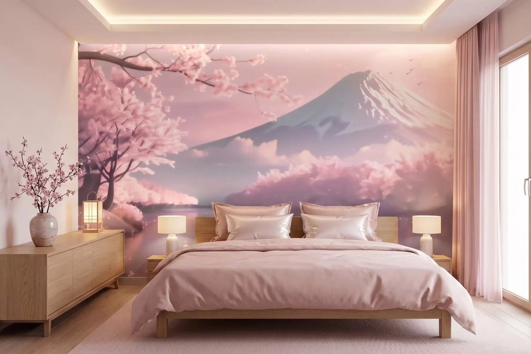 zidne murale Miran japanski krajolik s cvjetovima trešnje i planinskim jezerom pri izlasku sunca w09864