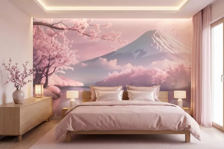 zidne murale Miran japanski krajolik s cvjetovima trešnje i planinskim jezerom pri izlasku sunca w09864