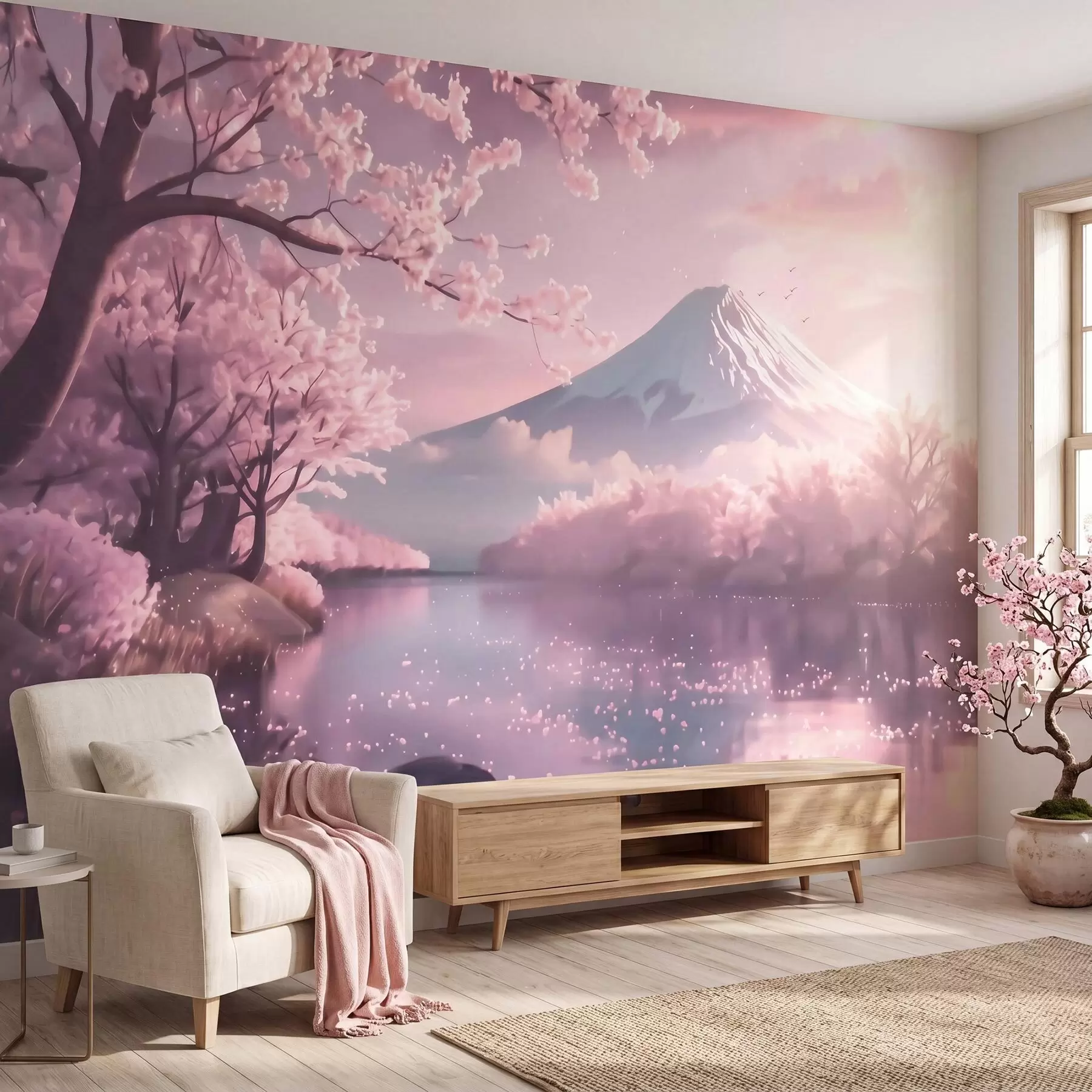 zidne murale Miran japanski krajolik s cvjetovima trešnje i planinskim jezerom pri izlasku sunca w09864