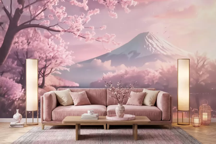 zidne murale Miran japanski krajolik s cvjetovima trešnje i planinskim jezerom pri izlasku sunca w09864