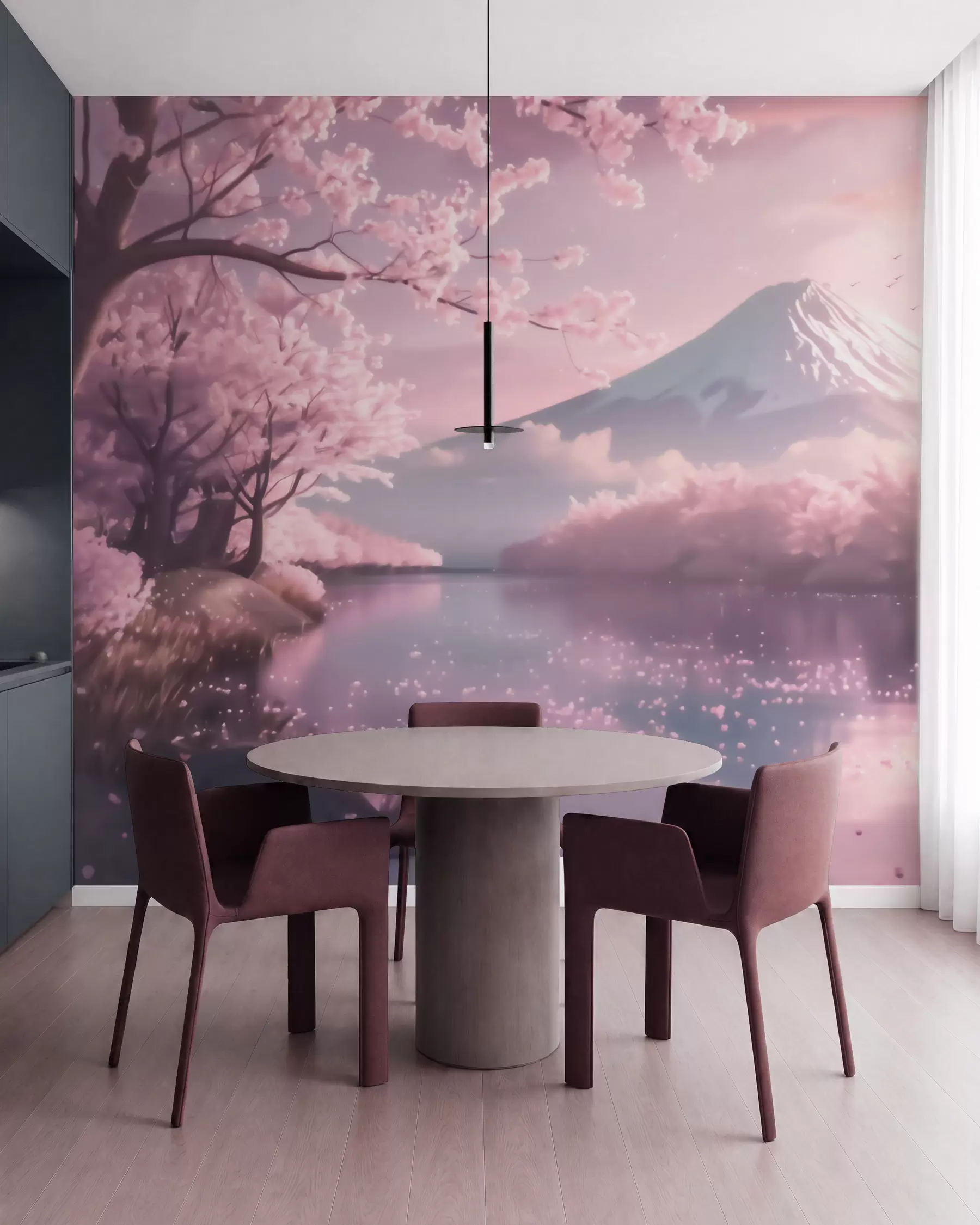 zidne murale Miran japanski krajolik s cvjetovima trešnje i planinskim jezerom pri izlasku sunca w09864