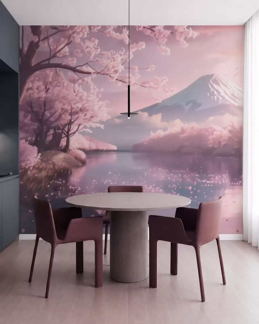zidne murale Miran japanski krajolik s cvjetovima trešnje i planinskim jezerom pri izlasku sunca w09864