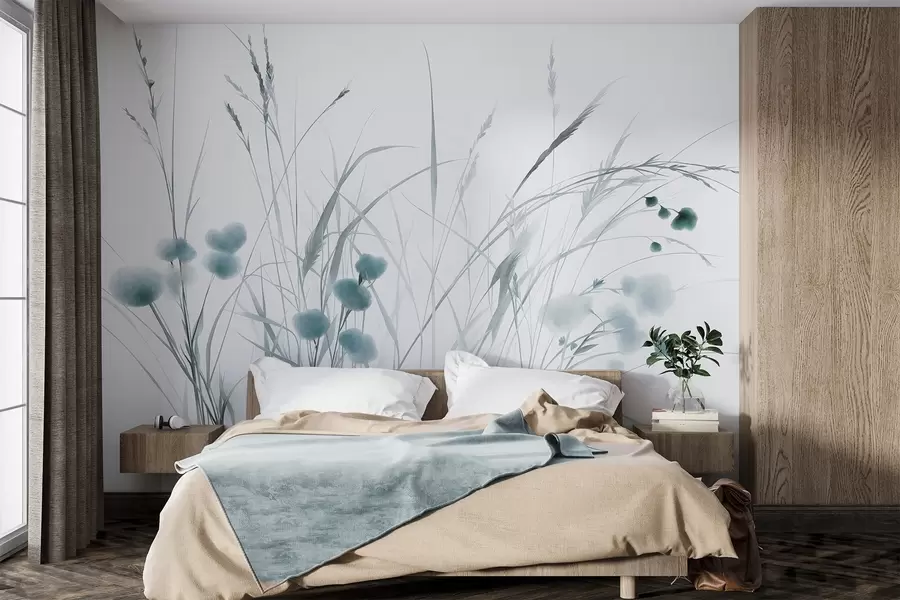 zidne murale Visoke trave i malo plavo divlje cvijeće na blijedoj pozadini, teksturirani boho stil w09902v1
