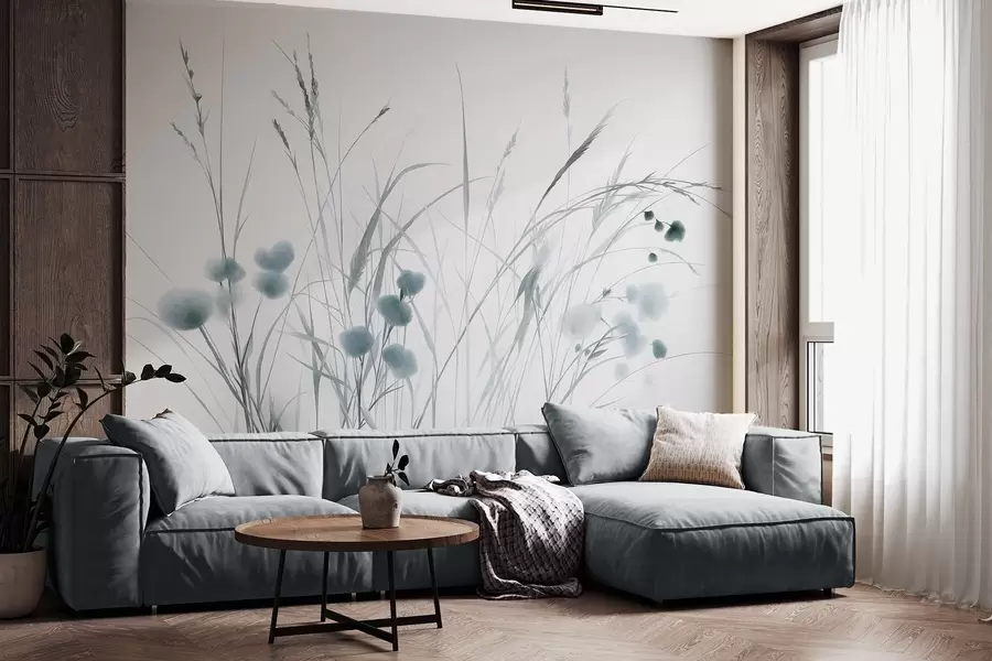 zidne murale Visoke trave i malo plavo divlje cvijeće na blijedoj pozadini, teksturirani boho stil w09902v1