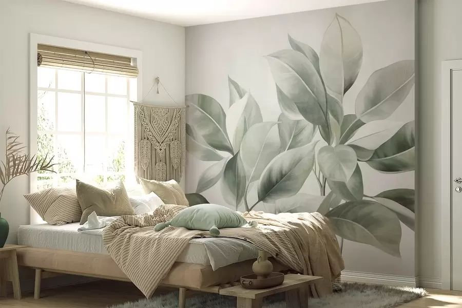 zidne murale Svijetlozeleno lišće na blijedoj, mekoj pozadini, teksturirani boho stil w09909