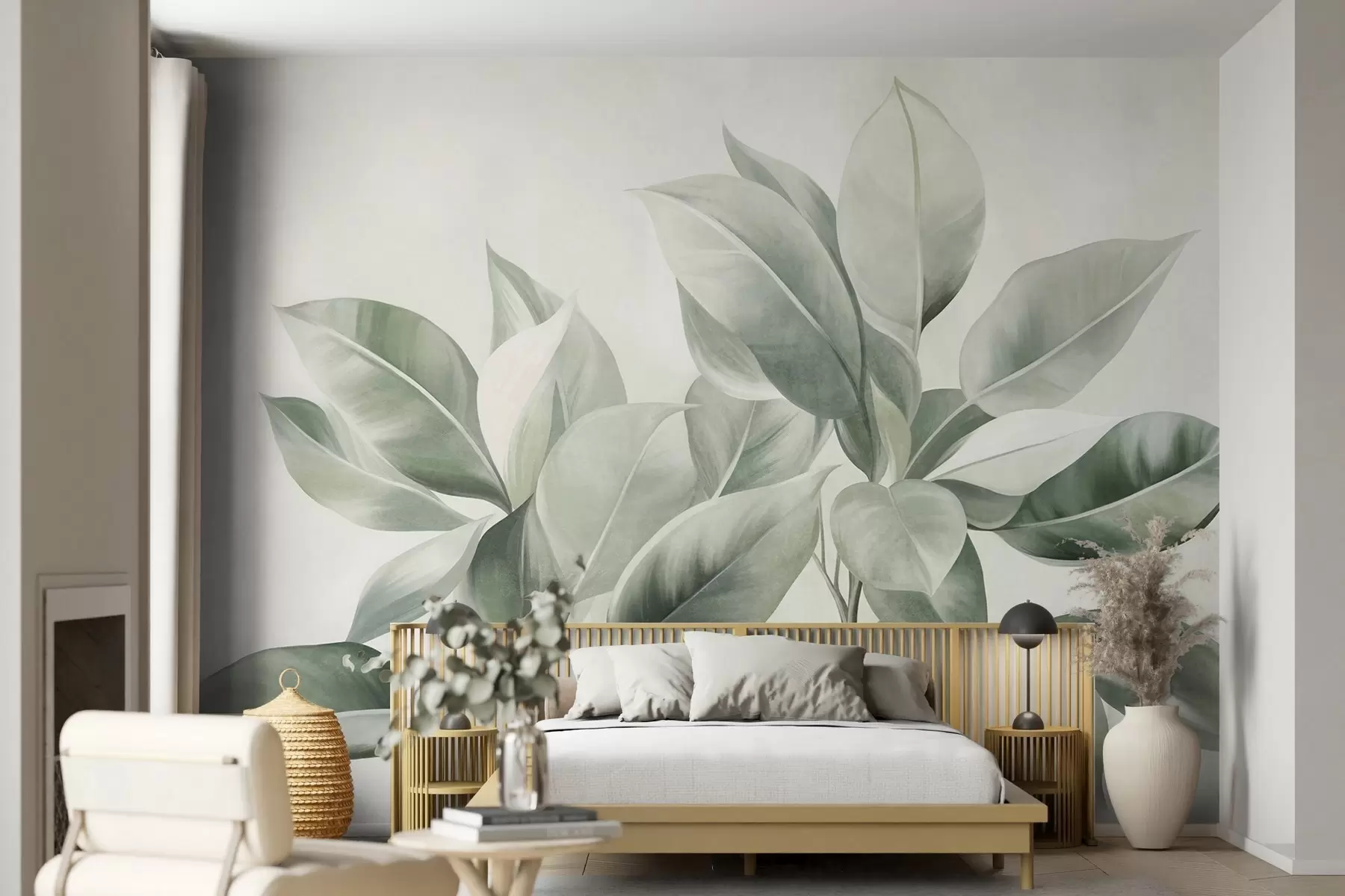 zidne murale Svijetlozeleno lišće na blijedoj, mekoj pozadini, teksturirani boho stil w09909