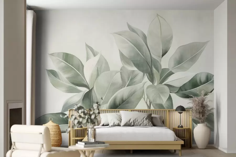 zidne murale Svijetlozeleno lišće na blijedoj, mekoj pozadini, teksturirani boho stil w09909
