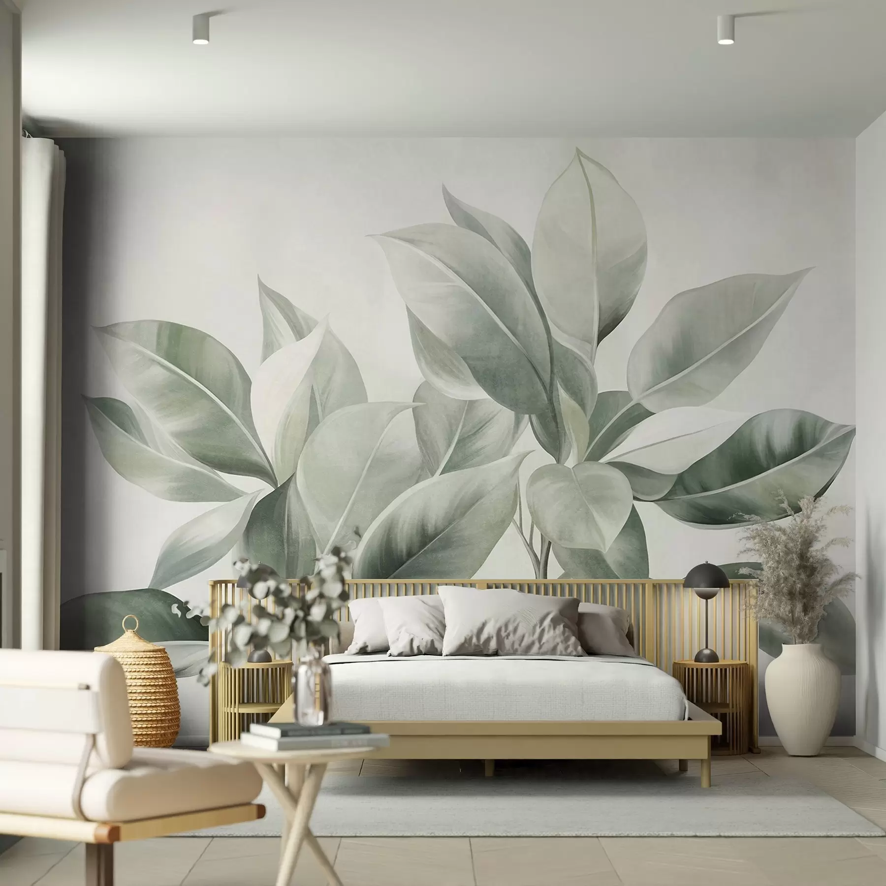 zidne murale Svijetlozeleno lišće na blijedoj, mekoj pozadini, teksturirani boho stil w09909
