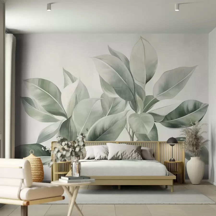 zidne murale Svijetlozeleno lišće na blijedoj, mekoj pozadini, teksturirani boho stil w09909