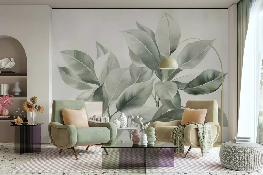 zidne murale Svijetlozeleno lišće na blijedoj, mekoj pozadini, teksturirani boho stil w09909