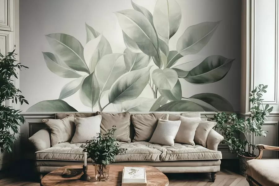 zidne murale Svijetlozeleno lišće na blijedoj, mekoj pozadini, teksturirani boho stil w09909