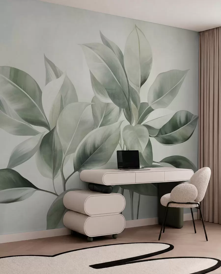 zidne murale Svijetlozeleno lišće na blijedoj, mekoj pozadini, teksturirani boho stil w09909