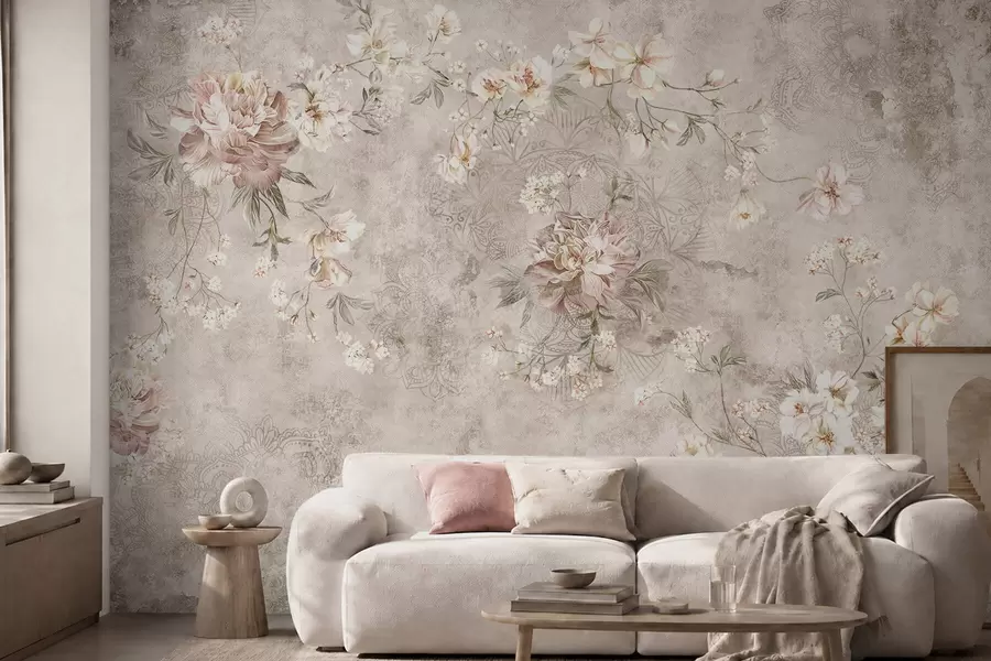 zidne murale Cvjetni ornament na teksturiranoj svijetloj pozadini w05698