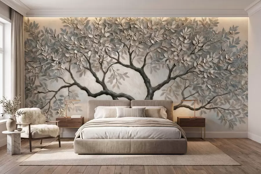 zidne murale Drvo u stilu uljane slike u mirnim prirodnim sivo-bež tonovima w09919