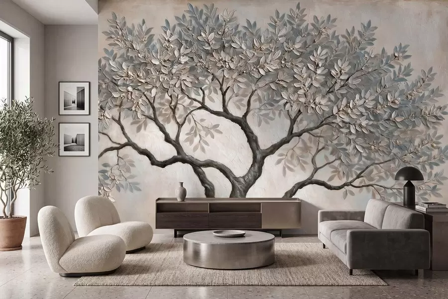 zidne murale Drvo u stilu uljane slike u mirnim prirodnim sivo-bež tonovima w09919