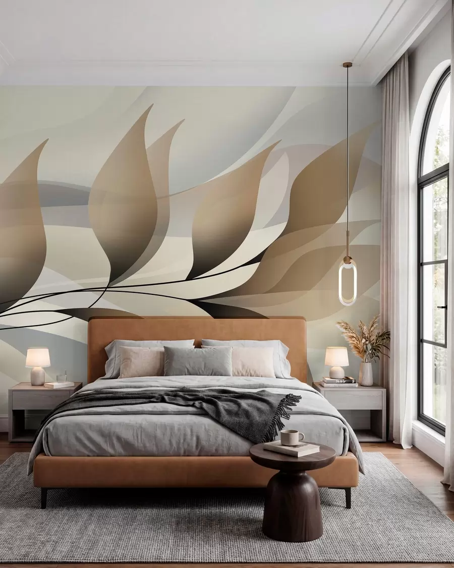 zidne murale elegantna grana s bež lišćem  w05660