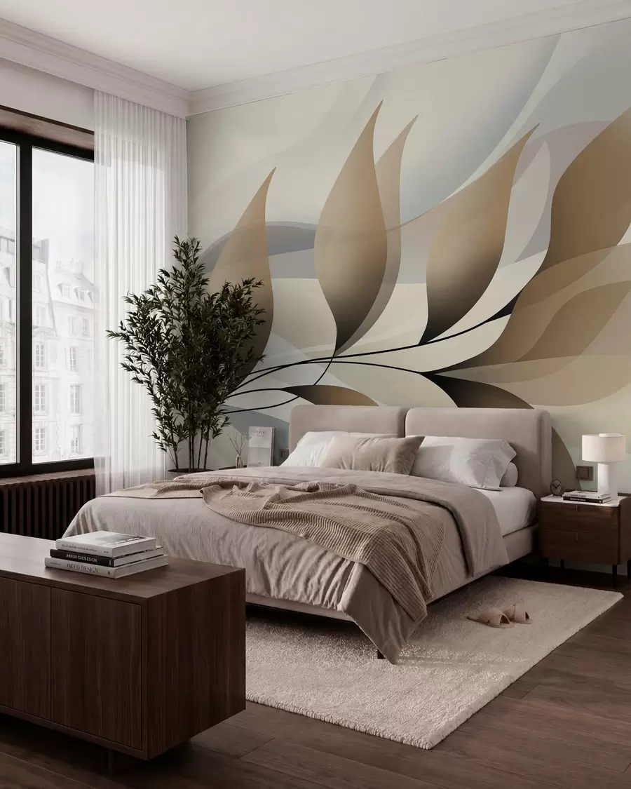 zidne murale elegantna grana s bež lišćem  w05660