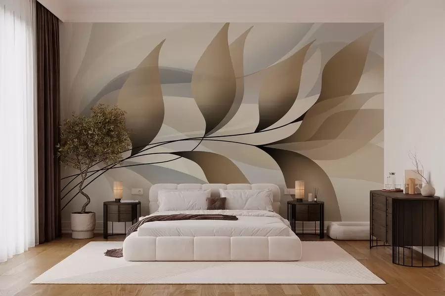 zidne murale elegantna grana s bež lišćem  w05660