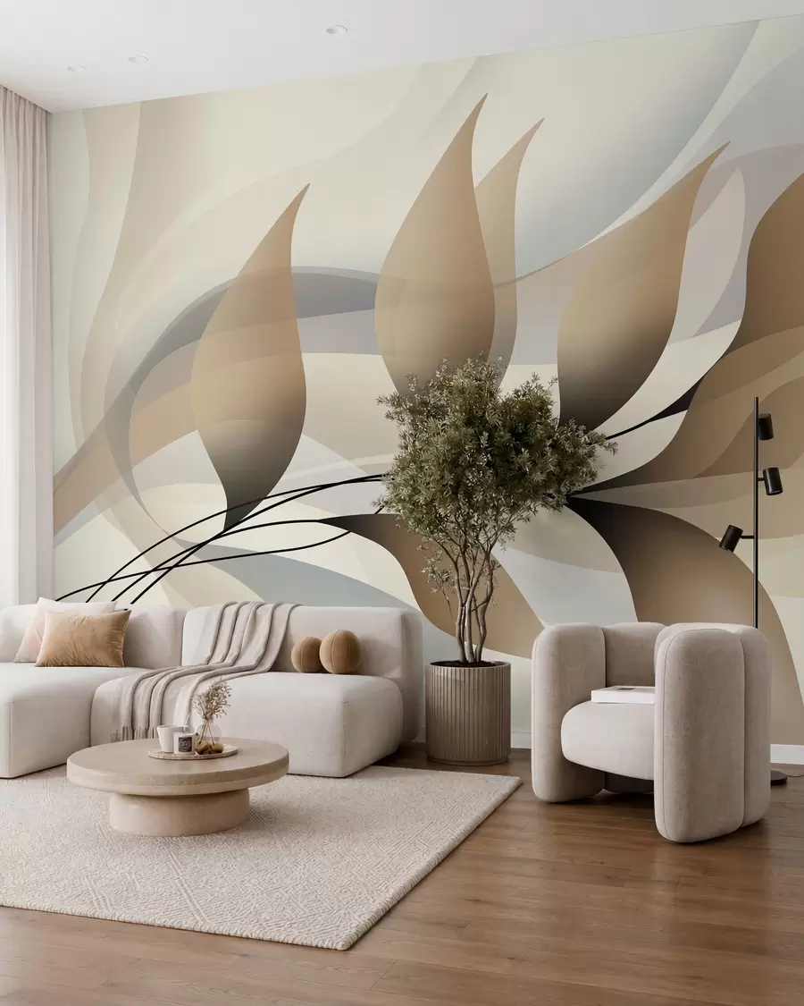 zidne murale elegantna grana s bež lišćem  w05660