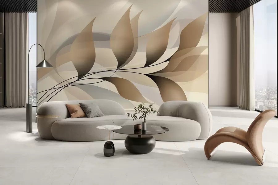 zidne murale elegantna grana s bež lišćem  w05660