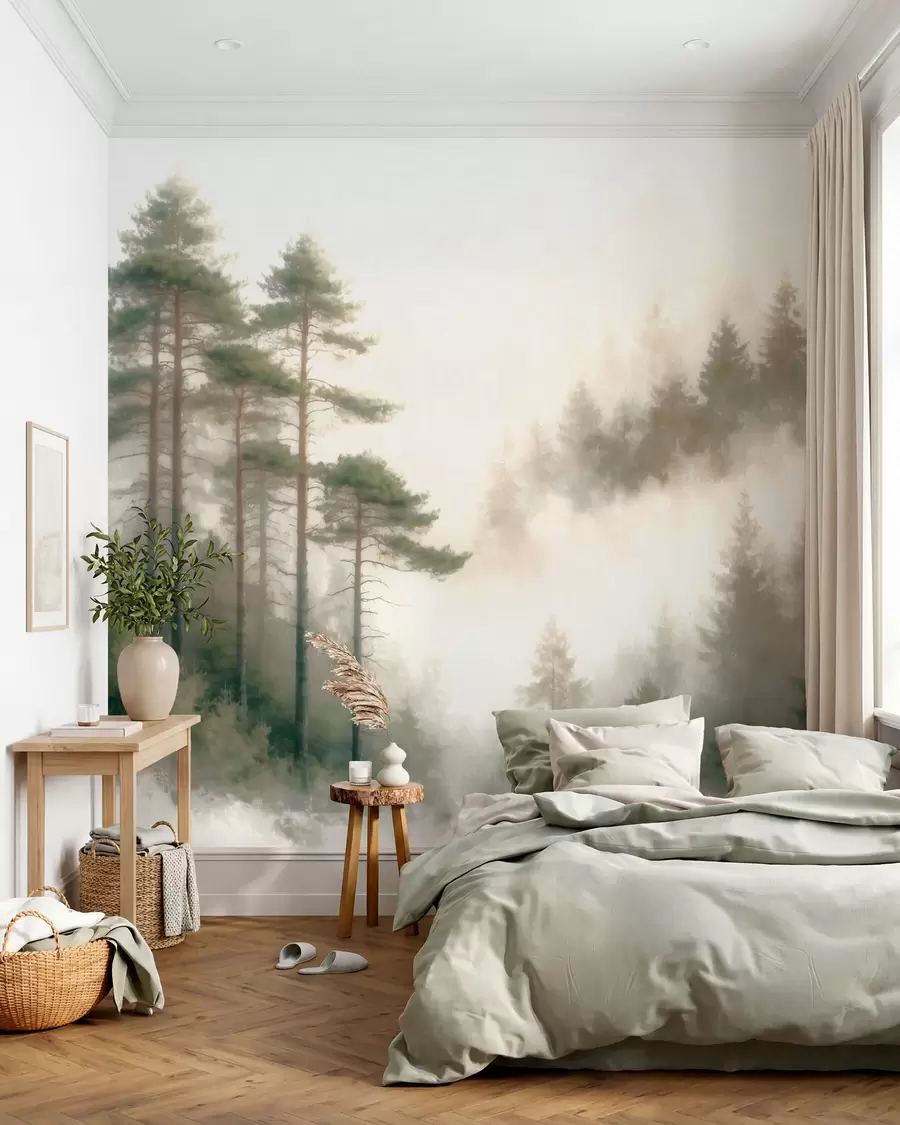 zidne murale Jutarnja borova šuma u akvarelnom stilu w09916