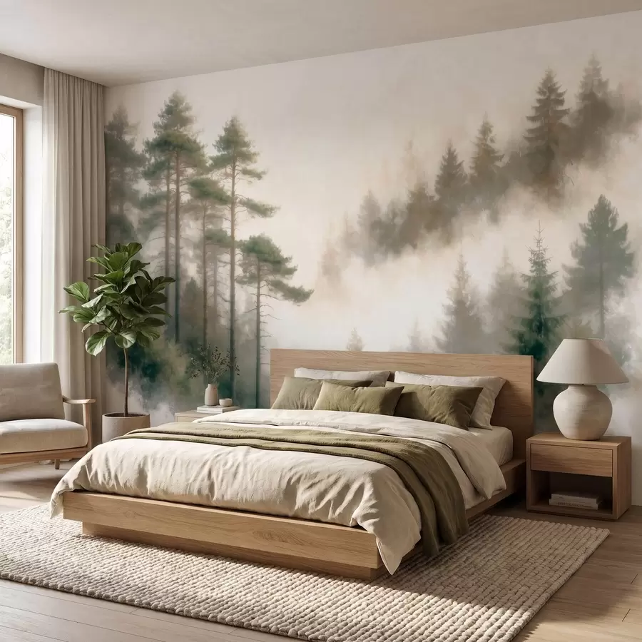 zidne murale Jutarnja borova šuma u akvarelnom stilu w09916