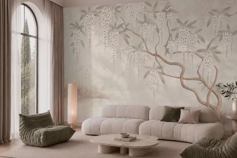 zidne murale Bijeli kaskadni cvjetovi iznad mirne vode w05694