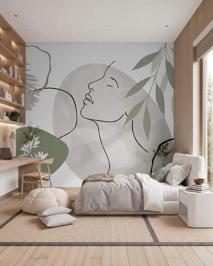 zidne murale Apstrakcija s vegetacijom i siluetom lica w05776v1