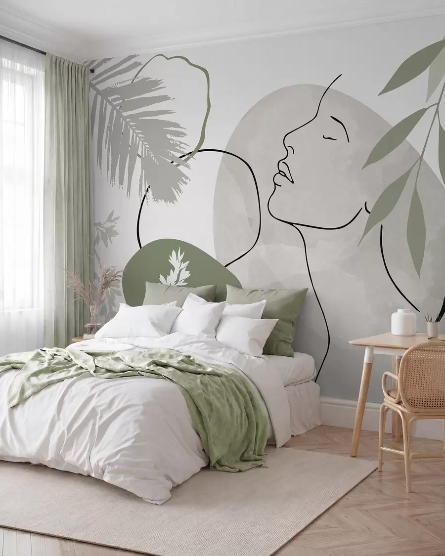 zidne murale Apstrakcija s vegetacijom i siluetom lica w05776v1