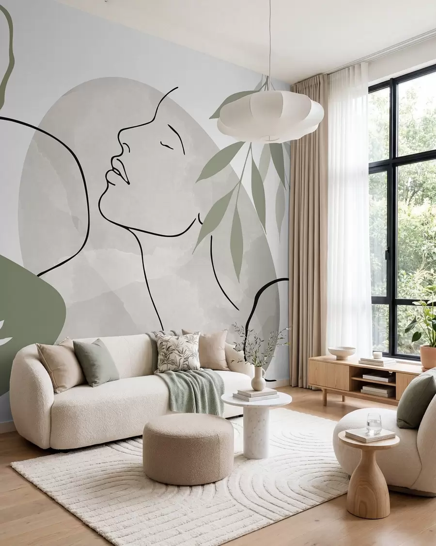 zidne murale Apstrakcija s vegetacijom i siluetom lica w05776v1