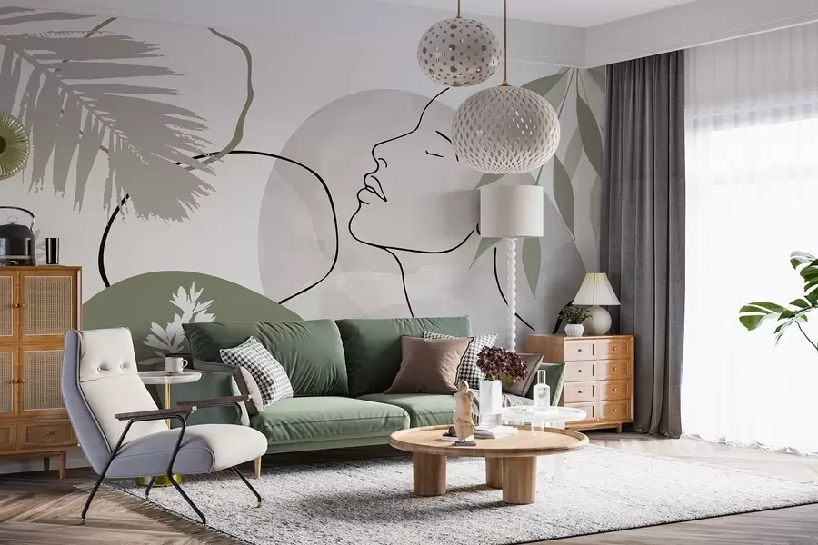 zidne murale Apstrakcija s vegetacijom i siluetom lica w05776v1