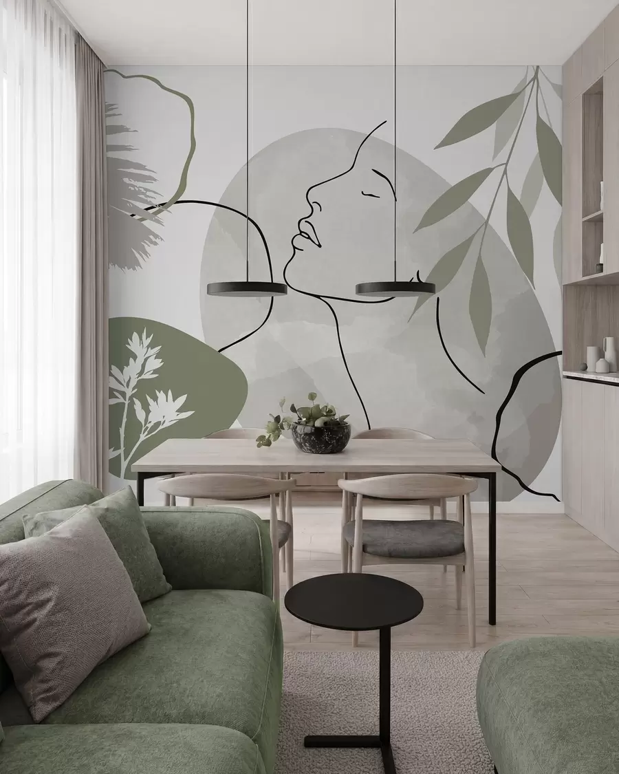 zidne murale Apstrakcija s vegetacijom i siluetom lica w05776v1