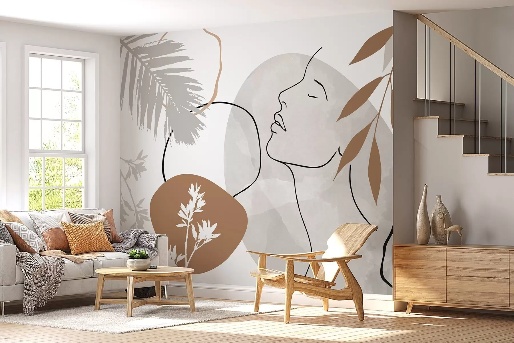 zidne murale Apstrakcija s vegetacijom i siluetom lica w05776
